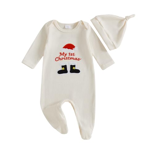 My First Christmas Baby Boy Outfit Newborn Boy Girl Santa-Capped Christmas Footie Romper Onesie Xmas Clothes (Cream 0-3 Months)