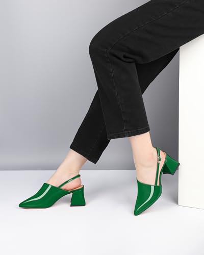 AUMOTED Women Green Slingback Heel Pumps Dating Block Mid Heels Pointed Toe Solid Chunky Pumps Party 2.5 Inch Dress Shoes Patent Leather Green US Size 102