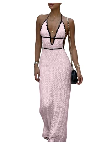 Image of SOLY HUX Women's Tie Backless Maxi Halter Dress Deep V Neck Sleeveless Knit Elegant Dresses