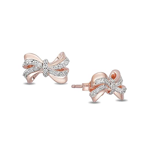 Jewelili Enchanted Disney Fine Jewelry 10K Rose Gold 1/10 CTTW Diamond Snow White Bow Earrings