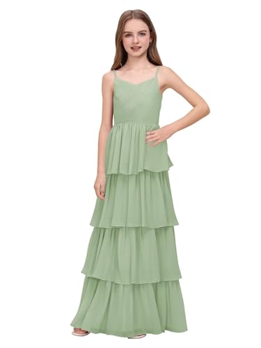 Tiered Junior Bridesmaid Dress Spaghetti Straps Long Chiffon Flower Girl Dresses A Line Girls Party Pageant Gowns