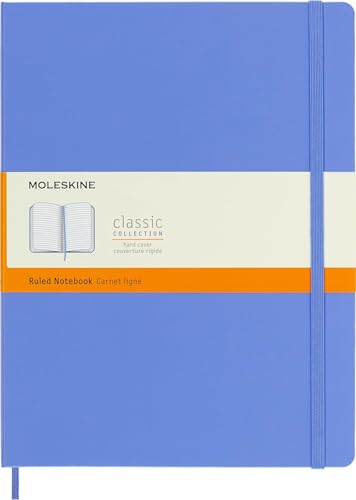 Moleskine - Cuaderno Clásico con Hojas de Rayas, Tapa Dura y Cierre con Goma Elástica, Tamaño XL 19 x 25 cm, Color Azul Hortensia, 192 Páginas