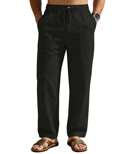 DOWMQ Mens Linen Pants Casual Elastic Waist Drawstring Pants Loose Straight Linen Pant Beach Trousers with 4 Pockets Black XL