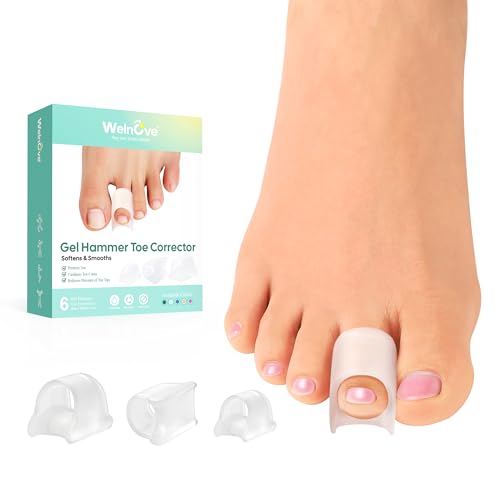 Welnove Hammertoe Corrector - 6 Pack Gel Toe Straighteners for Bent, Curled & Crooked Toes, Day & Night Comfort, Clear, Multi-Size