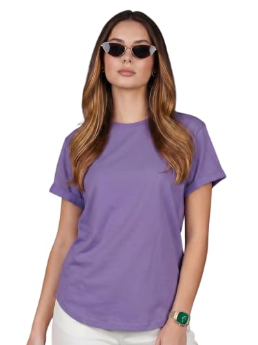 Image of JUNEBERRY Pure 100% Cotton Oversized Loose Fit Drop Shoulder Round Neck Boyfriend Fit Solid Half Sleeves T-Shirt for Women & Girls (Sizes: S to 2XL)