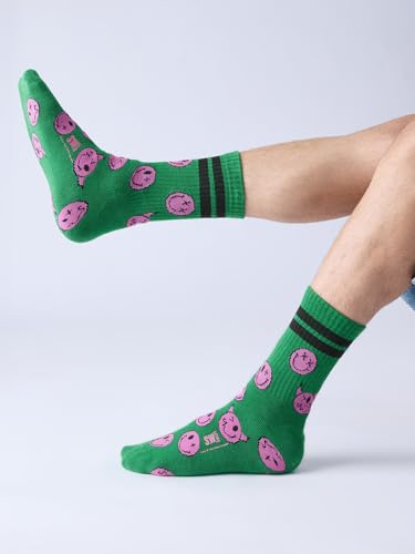 Image of The Souled Store S.W.SMILEY: State Of Mind Socks | Premium Cotton Blend Printed Crew Socks for Men & Women | Fun & Vibrant Graphic Socks in Green & Pink - Free Size