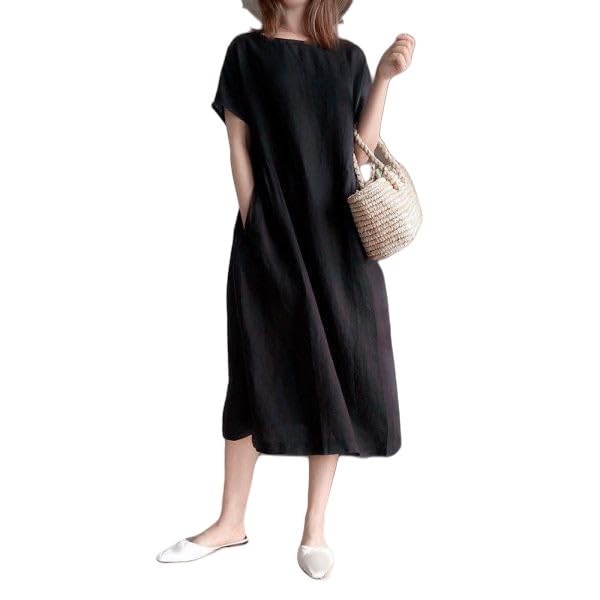 Robe de plage en coton et lin pour vacances : tunique ample noire chic col ras du cou