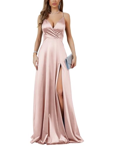 Image of MUXXN Women's Gorgeous Spaghetti Strap V Neck Stain Split Evening Party Maxi Dress