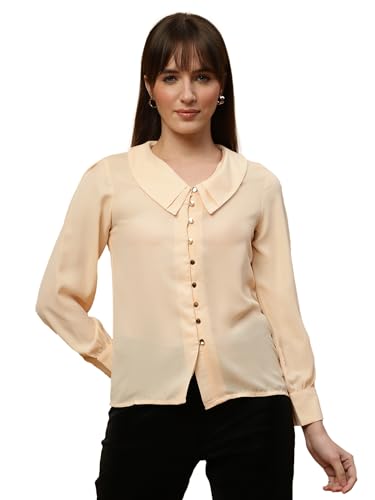 Image of BEATNIK Womens Solid Color Fashion Full Sleeve Peter Pan Collar Woven Spring Summer Casual Loose T Shirts Tops