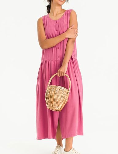 Image of Bozanly Summer Sleeveless Maxi Dress for Women Button Down Midi Dresses with Pockets Solid Color Loose Flowy Beach Dress 2025