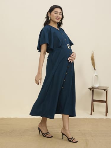 Image of MomToBe Women's Cotton Maternity Dress | Nursing Feeding Dress with Concealed 14-Inch Side Zippers | Office Wear for Pregnancy & Postpartum