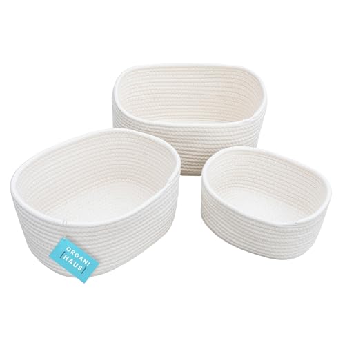 Image of OrganiHaus 3-Pack White Cotton Rope Baskets for Storage, Diaper Bin, Bathroom Small Woven Baskets for Organizing, Storage Baskets for Closet, Decorative Cloth Baskets for Shelves, Toy Baskets
