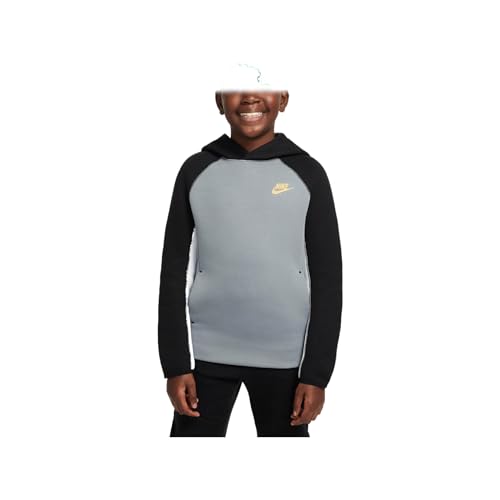 Nike Sportswear Tech Fleece Big Kids' (Boys') Pullover Hoodie (FD3291-065, Cool Grey/Black/White/Metallic Gold)
