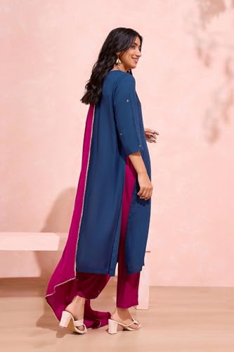 Image of Taneira Women Viscose Embroidered Blue Kurta Set