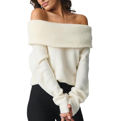 Image of Women Off The Shoulder Sweater Y2k Long Sleeve Boat Neck Knit Cropped Pullover Tops Fall Trendy Going Out Streetwear