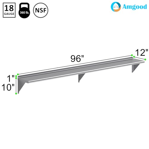 Image of AmGood 12 in. x 96 in. Stainless Steel Wall Shelf | NSF | Metal Shelving | Garage, Laundry, Storage, Utility Room | Restaurant, Commercial Kitchen