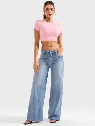 YEOREO Short Sleeve T Shirt for Women Double Lined Crop Top Crew Neck Workout Tee Colin Slim Fit Summer Basic Going Out Top4