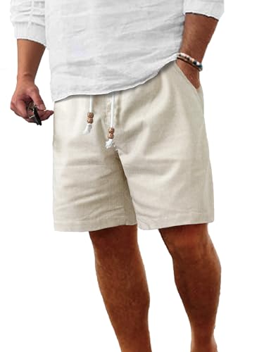 Comdecevis Men's Casual Cotton Linen Shorts Elastic Waist Drawstring Summer Beach Shorts Long Shorts Men, Beige, Medium