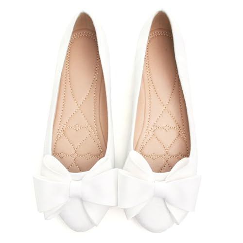 WENJIAZHIZHI Women's Round Toe Bow-Knot Flats Solid Color Slip-ons Cute Comfortable Ballerina Shoes White Size 9.52