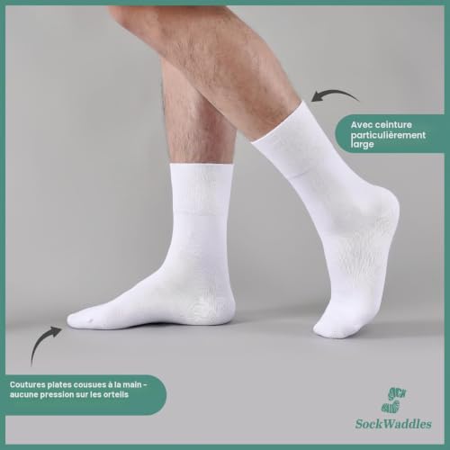 SockWaddles Chaussettes Diabétiques Homme Femme Lot de 6 Paires, 97% Coton, Sans Élastique & Sans Couture, Blanc, Taille 47-50 – vue 3