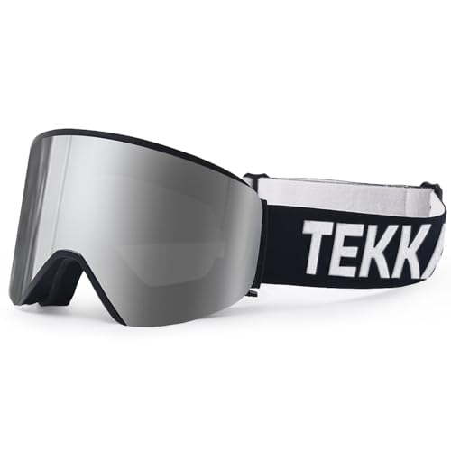 tekkapoi Skibrille Herren & Damen, OTG Snowboardbrille mit Sicherem Halt, zylindrische REVO Scheibe, 100% UV-Schutz & Anti-Fog, Helmkompatibel