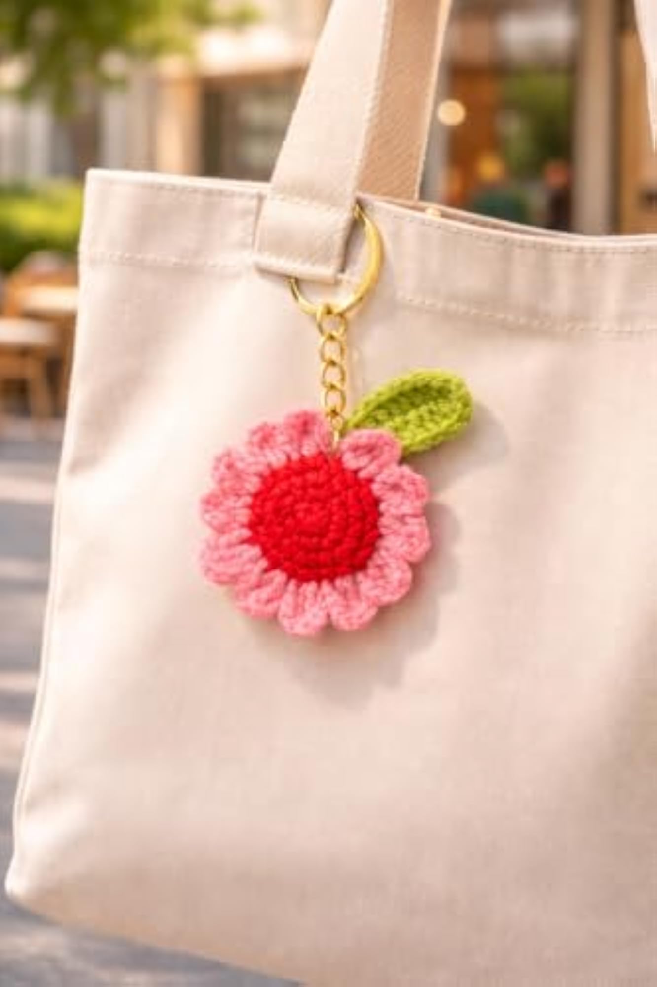 Crochet Flower Keychain with Daisy Charm, Soft Yarn