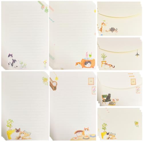 SamHeng Set di Carta da Lettere con Busta, 24 Carta da Scrittura A5 con 12 Buste di Abbinate, 4 Stili Tema Gatto Set di Cancelleria Foderato per Nozze Festa Inviti Regali Poesia Casa Ufficio Scuola