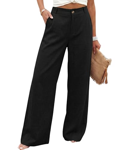 Hooever Womens Cotton Linen Pants Casual Button Up High Waisted Wide Leg Trousers(Black-Medium)