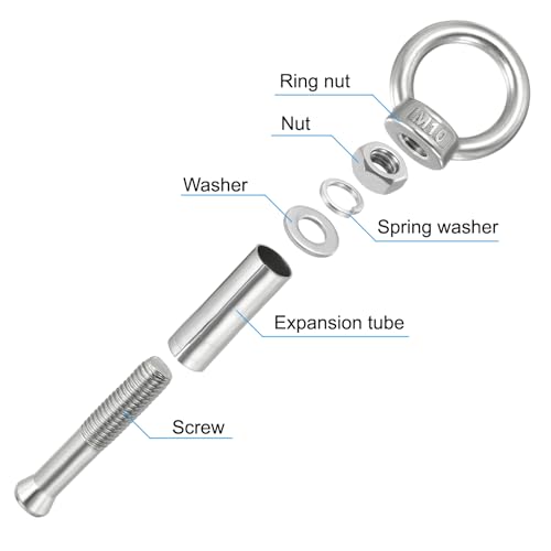 Image of PATIKIL Expansion Eye Bolt M10x80mm, 2 Pack 304 Stainless Steel Shoulder Anchors Eyebolt Screw with Eye Ring for Concrete Brick Walls Canopy Engineering Rigging Silver