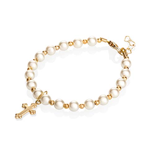 Image of Crystal Dream Handmade 14KT Gold-Filled Unisex Baby Girl Bracelet - Cream European Simulated Pearl Cross Bracelet - Christening, Baptism & First Communion Heirloom Gift - PREEMIE - 6 MONTHS (3.75 inch)