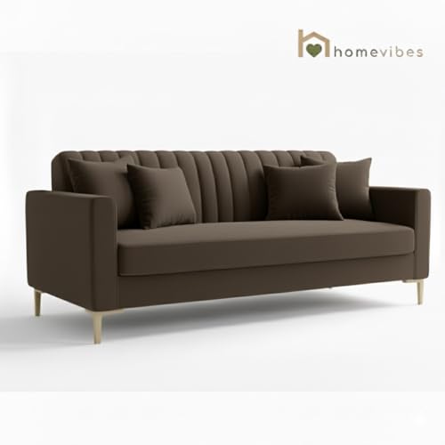 Image of 3 Seater Velum Fabric Sofa Set for Living Room, Modern Design with High Density Foam, Solid Wood Frame, Ergonomic Comfortable Seating for Home & Office (Dark Brown, 3 Seater) | Soft foam comfort, Strong wood frame