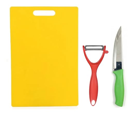 Image of Freshome Plastic Large (36 x 24 cm) Chopping Cutting Board for Kitchen (3 PC Set) Vegetables, Fruits & Cheese, with Knife and Vegetable Peeler BPA Free, Assorted Colours, (Large)