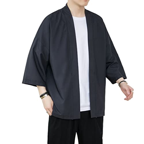 Men\'s Japanese Haori Jacket Kimono Noragi Cardigan 3/4 Sleeve Casual Happi Coat M1-Black Large