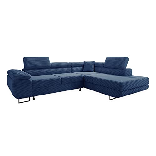 Moderno Astorp Corner Sofa, Right with Sleep Function, Bedding Container, Corner Couch, Sofa Bed, Living Room, Bedroom, Furniture Sofas & Couches, Sofa Bed, Cord, Blue, 73 x 277 x 203 cm