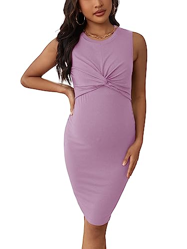 Image of Verdusa Women's Maternity Twist Front Sleeveless Bodycon Tank Pencil Dress Lilac Purple L