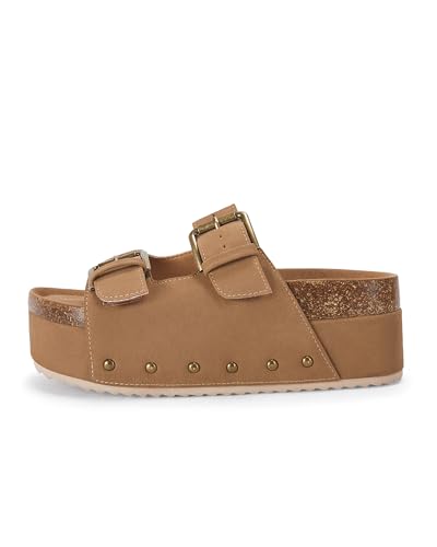 Coutgo Women's Cork Platform Sandals Slip on Mules and Clogs Double Buckle Straps Summer Shoes