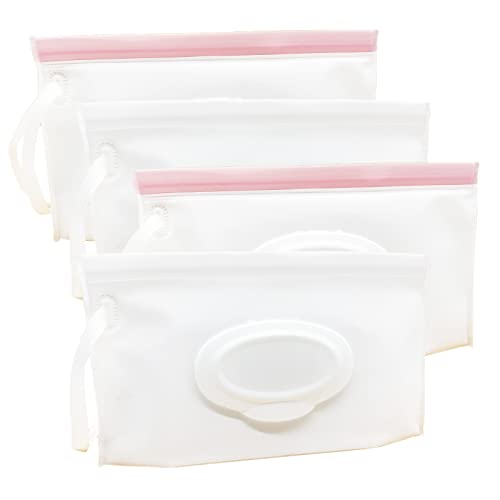 Image of VOONGOR Portable Refillable Wet Wipe Pouch, Reusable Travel Wipes Holder & Case, Lightweight Flushable Diaper Wipes Container for Baby (4 Pack, Milk White)