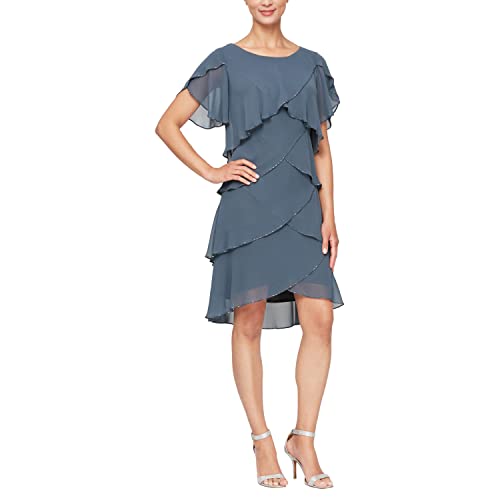 Image of S.L. Fashions Women's Short Tulip Sleeve Tiered Chiffon Cocktail Dress, Wedding Guest Gown (Petite and Regular Sizes)