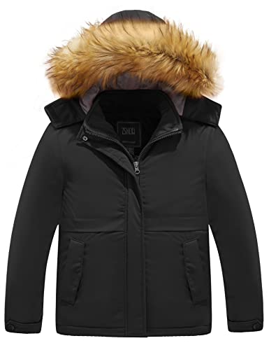 ZSHOW Girls' Mountain Ski Jacket Fur Hooded Fleece Winter Outerwear Coat(Black,14-16)
