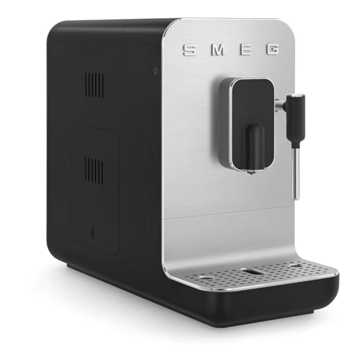 Image of Smeg, BCC12BLMEU Automatic Espresso Coffee Machine, Steam Lance, Integrated Coffee Grinder, 1.4L Tank, Removable Drip Drawer, Compact Size, 1350W, Black