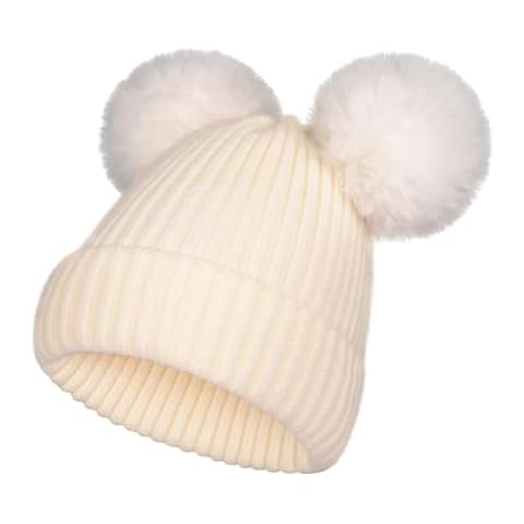 NATUST Boys Girls Knitted Beanie Hat Winter Detachable Faux Fur Double Pom Pom Knitting Beanie Warm Knit Skull Winter Cap White Cover