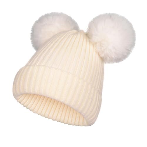 Boys Girls Knitted Beanie Hat Winter Detachable Faux Fur Double Pom Pom Knitting Beanie Warm Knit Skull Winter Cap