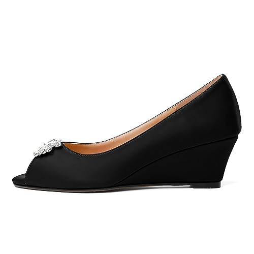 Joseywade Peep Toe Wedges Heels Pumps Low Wedge Heels 2 Inch Rhinstone Womens Slip On Pumps2