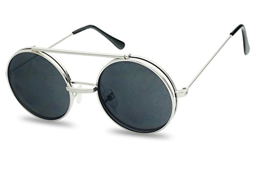 Round Circular Django Flip-Up Steampunk Inspired Metal Two in One Sunglasses (Silver, 53)