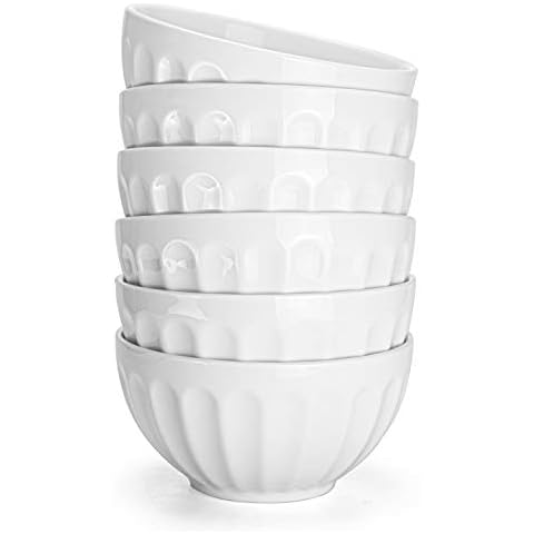 Foraineam Set of 6 Pcs 18 Ounce Porcelain Cereal Bowls Set White Fluted Bowl for Noodle, Cereal, Soup, Salad Cover