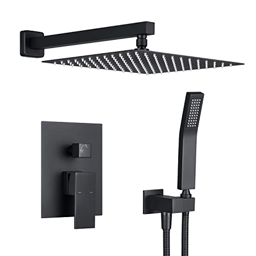 Image of Rain Shower System 12 Inches Shower Combo Set Black Wall Mount Faucet Bathroom Faucets with Rainfall Shower Head and Hand Shower