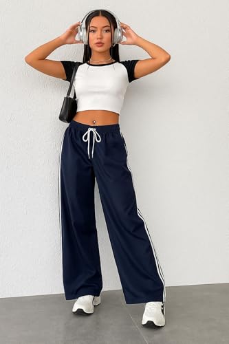 Image of SAKHWALA Women Track Pant | Women's Wide Leg Track Pants High Waist Drawstring Sweatpants with Side Stripes, Casual Loose Fit Lounge Joggers, Dark Grey