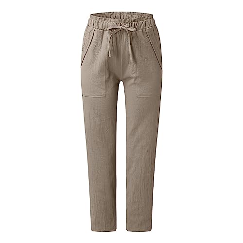 Pantalones de lino casuales lisos para mujer, pantalones de lino del Reino Unido, pantalones de verano con bolsillos, pantalones largos adecuados para el trabajo al aire libre y la playa, caqui, XL