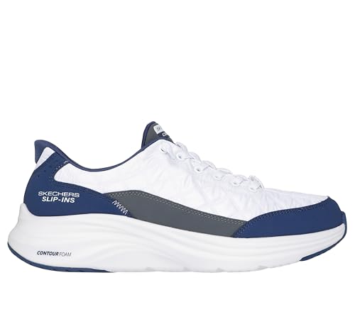 Skechers Men's Contour Foam Cozy Fit Hands Free Slip-in Sneaker, White/Navy, 11