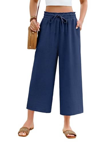 Image of CMTOP Womens Trousers Casual Wide Leg Cropped Pants Summer Lightweight Elasticated High Waist Capri Trousers Loose Fit Elegant with Pockets (Navy, S)